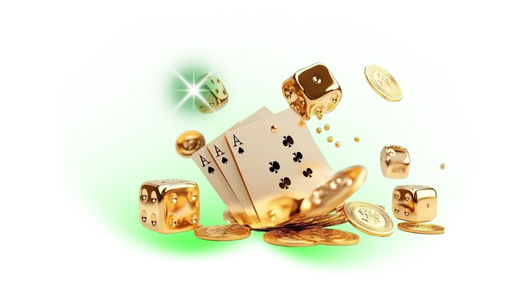 Dados dourados, cartas e moedas no WinWin